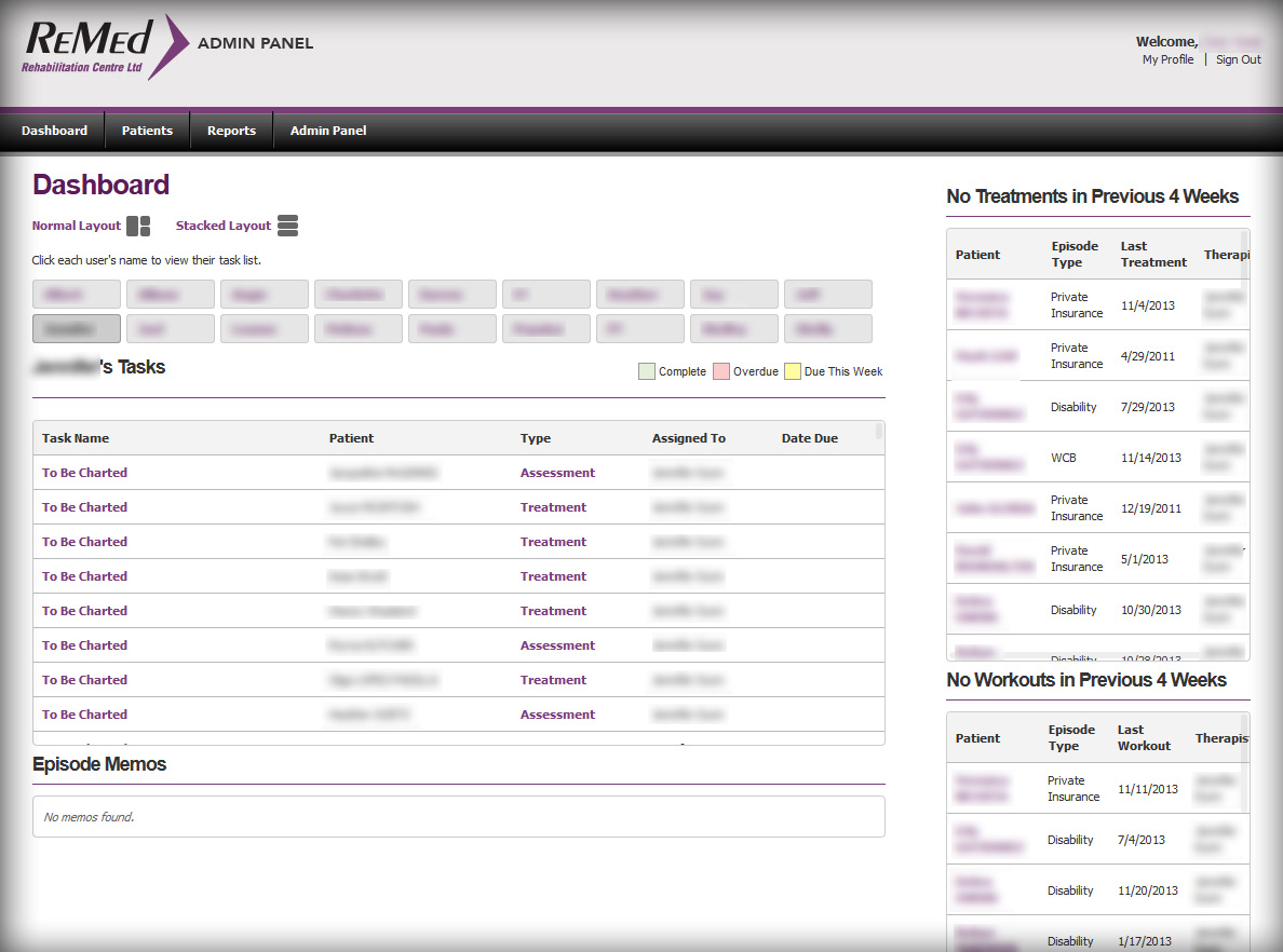 screen shot of Paperless Charting System for Edmonton Physiotherapy Clinic