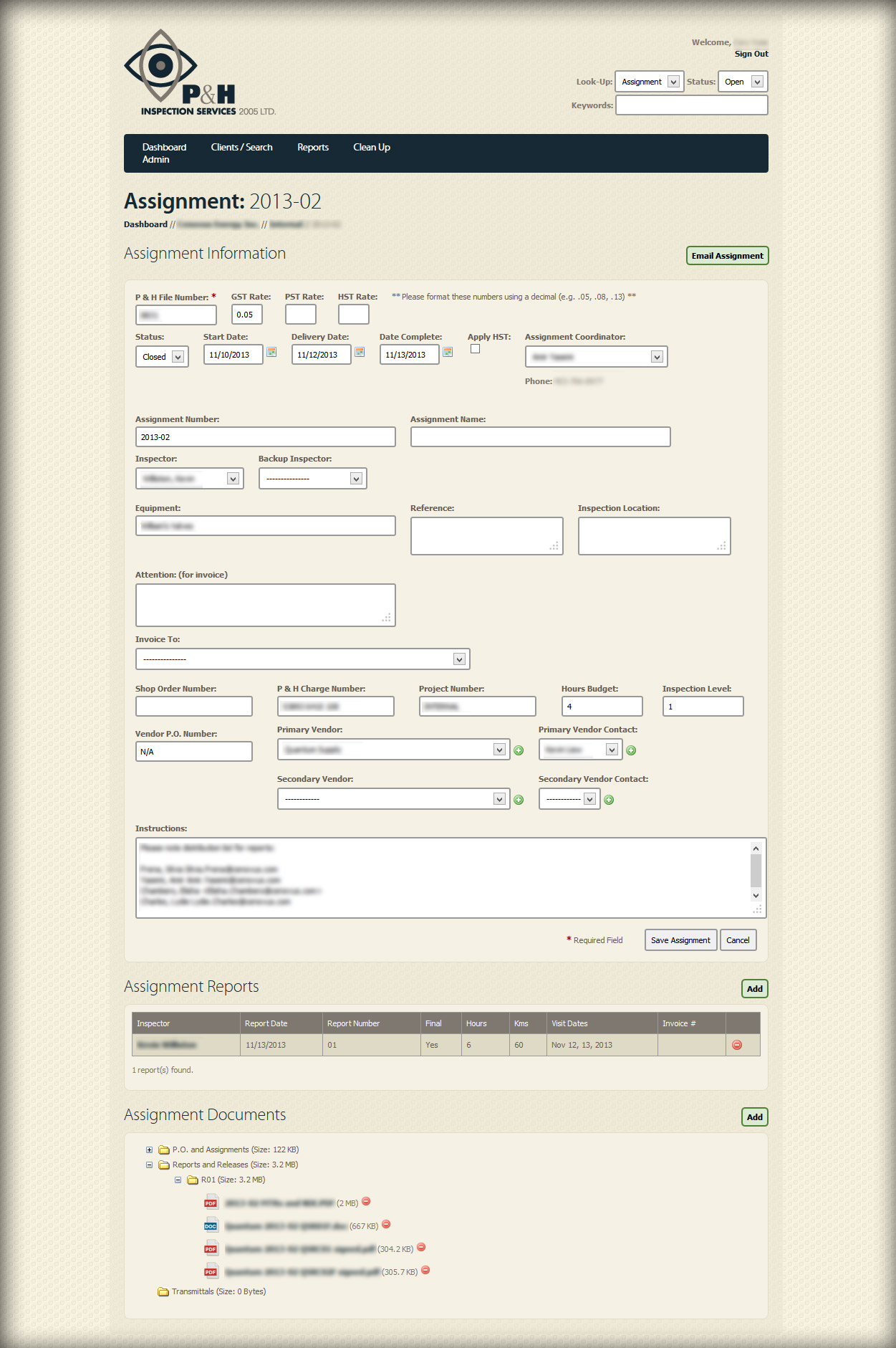 screenshot of P&H inspection database